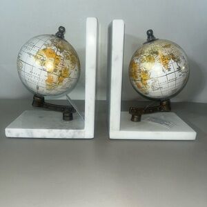 Pair of White Marble Bookends with Globe Rotating on Stand